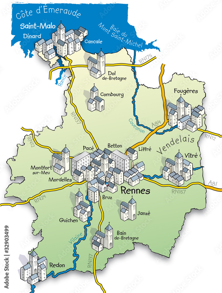 Illustrated map of Ille-et-Vilaine France showing a few buildings of interest
